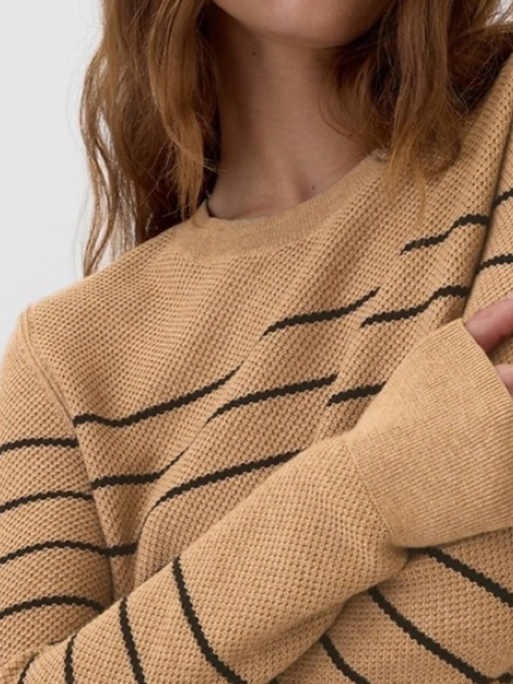 NWT GAP Textured Striped Crewneck Sweater Camel Color with Black Stripes Size XS - Picture 2 of 12